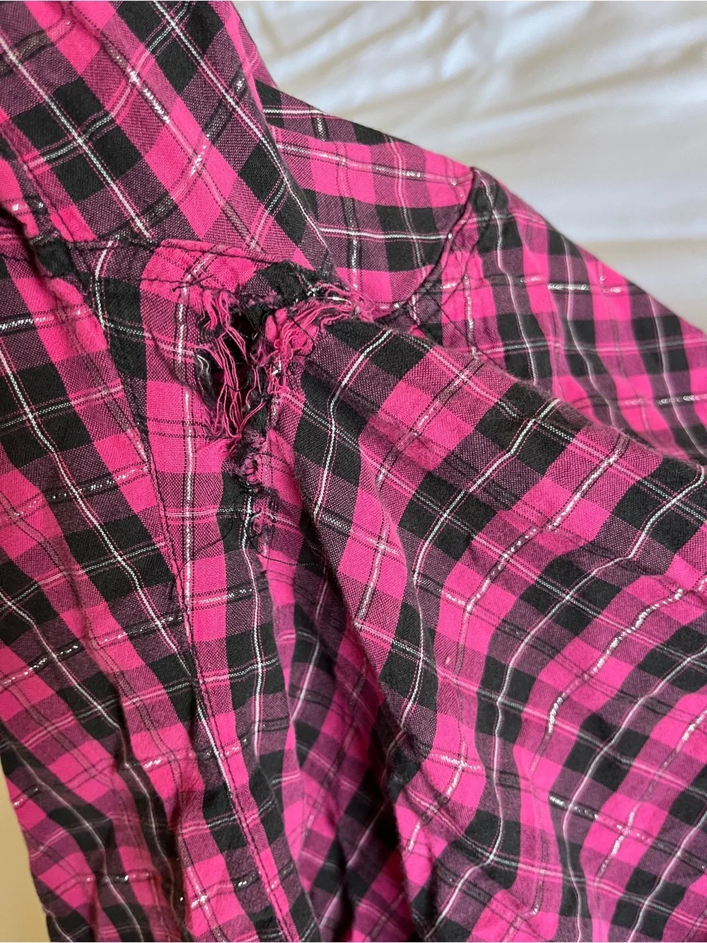 Justice Pink & Black Plaid Metallic Flannel Button Up Shirt Ruffle Size 14
